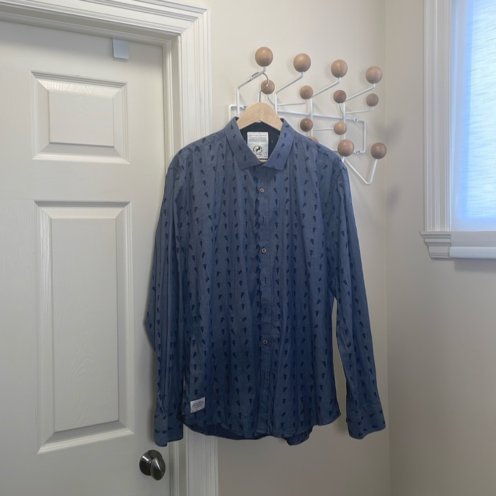 A Fish Named Fred - Long Sleeve Button Down Preppy Shirt - Blue - XL